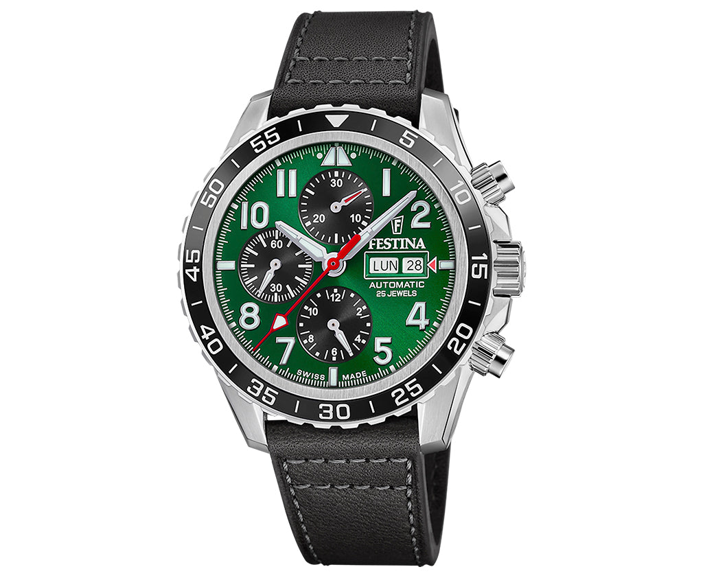 Festina Swiss Made Leather Chronograph Mens Watch I Model F20056/2 Automatic Movement