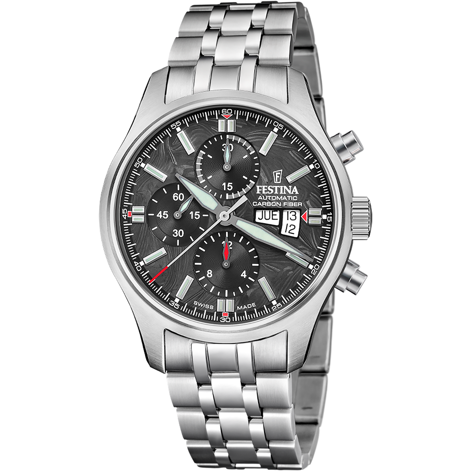 Festina Swiss Made Stainless Steel Chronograph Mens Watch I Model F20158-1 Automatic Movement
