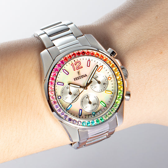 Festina Rainbow Stainless Steel Chronograph Ladies Watch I Model F20606/2 Quartz Movement