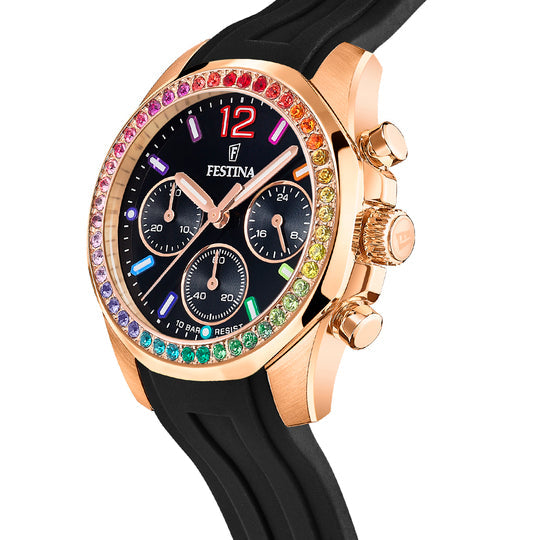 Festina Rainbow Rubber Chronograph Ladies Watch I Model F20611/3 Quartz Movement