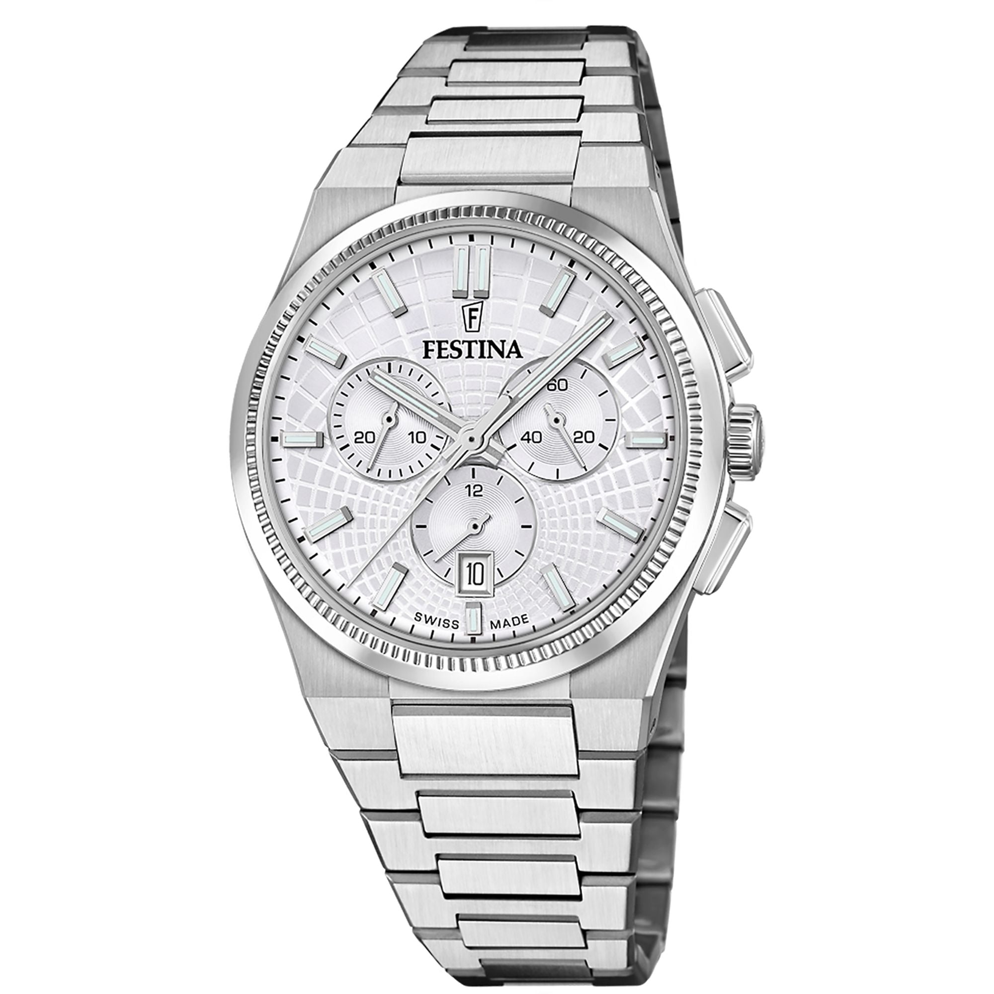 Festina Swiss Made Rive Stainless Steel Chronograph Mens Watch I Model F20059/1 Quartz Movement