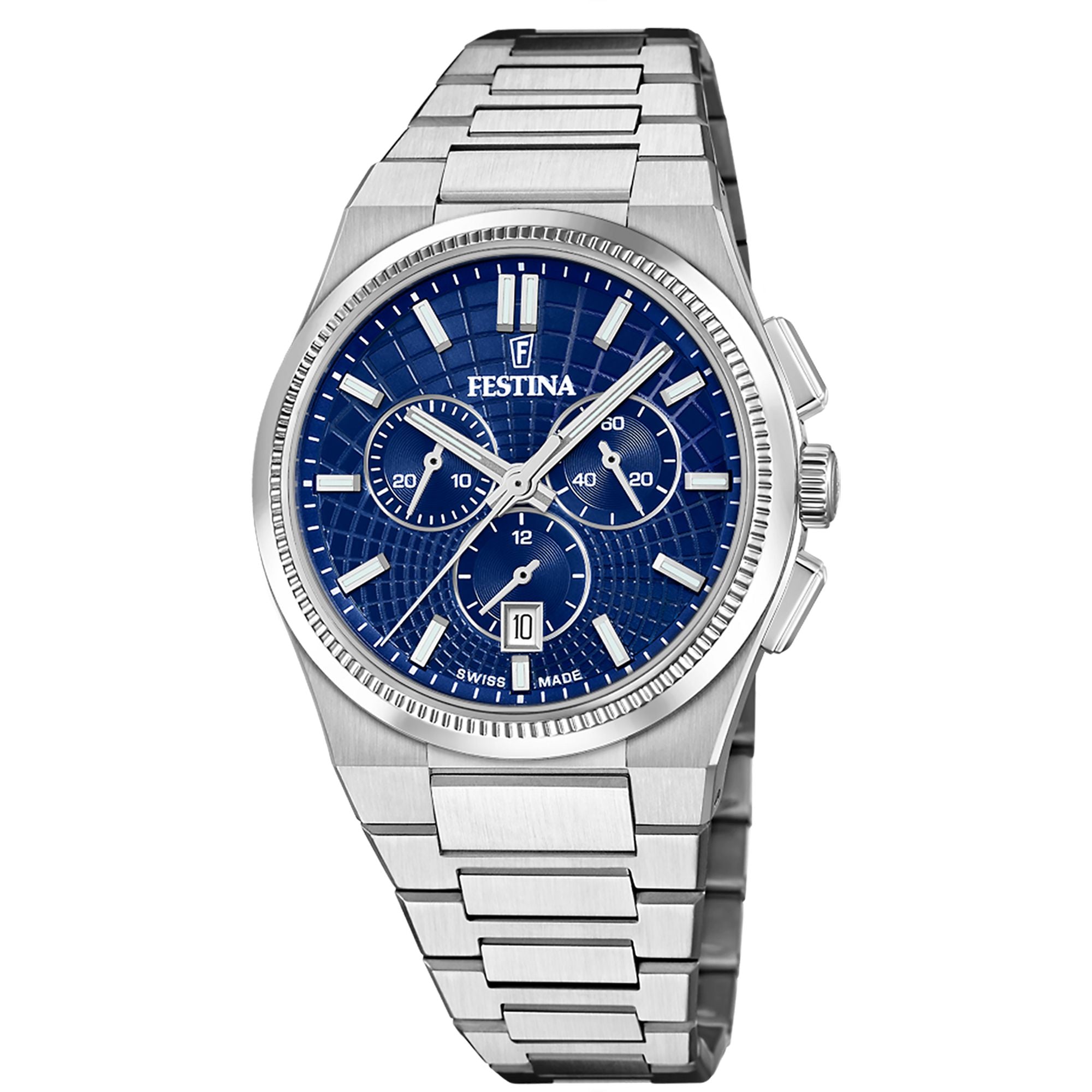 Festina Swiss Made Rive Stainless Steel Chronograph Mens Watch I Model F20059/2 Quartz Movement