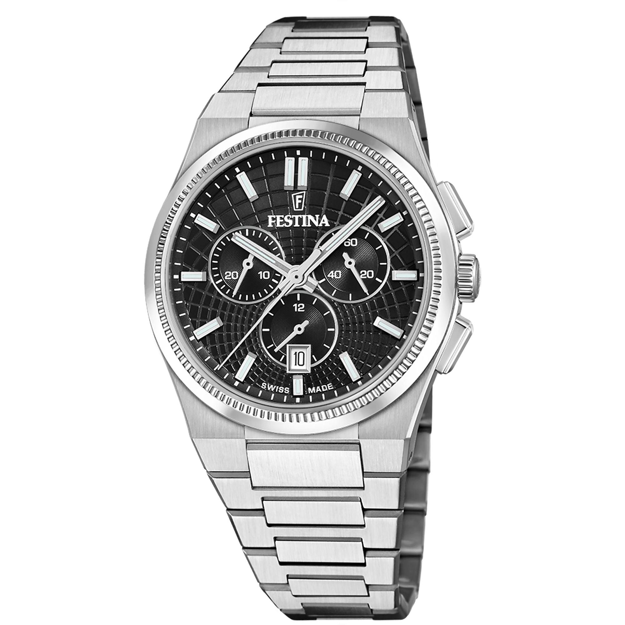 Festina Swiss Made Rive Stainless Steel Chronograph Mens Watch I Model F20059/4 Quartz Movement