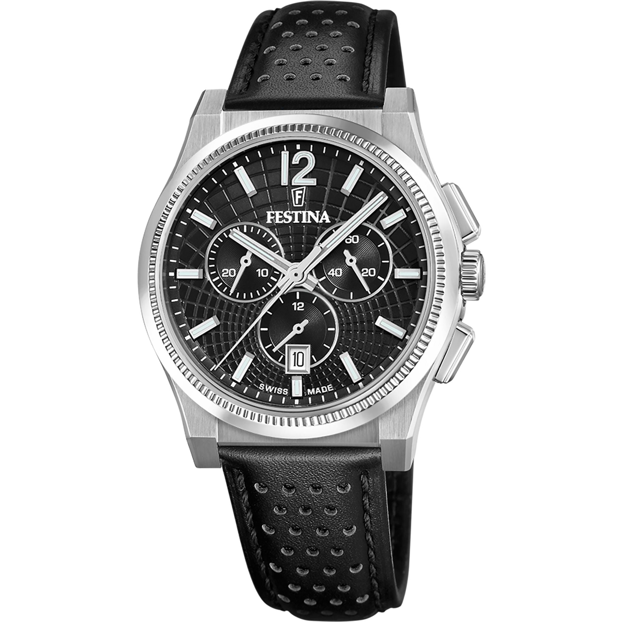 Festina Swiss Made Rive Leather Chronograph Mens Watch I Model F20060/4 Quartz Movement