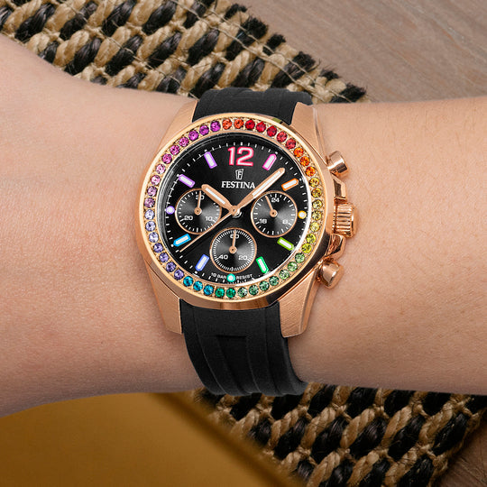 Festina Rainbow Rubber Chronograph Ladies Watch I Model F20611/3 Quartz Movement