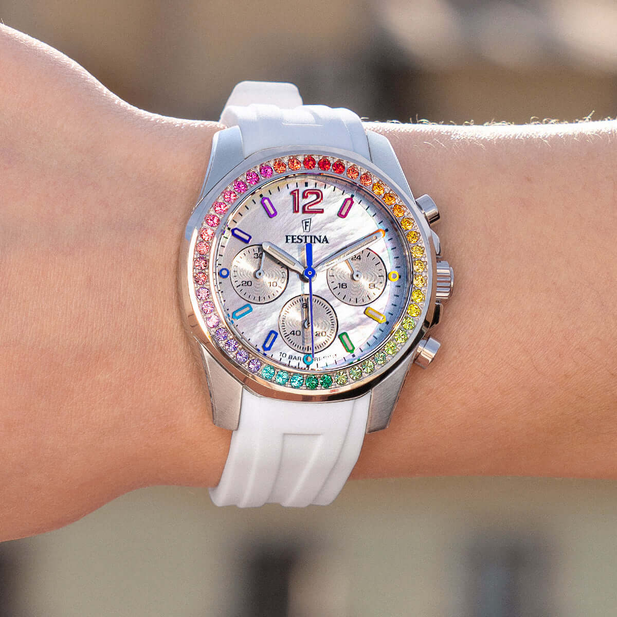Festina Rainbow Rubber Chronograph Ladies Watch I Model F20610/2 Quartz Movement
